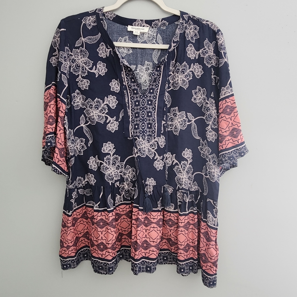 BeachLunchLounge Blue Pink Short Sleeve Top Flowy Beachy Boho Top